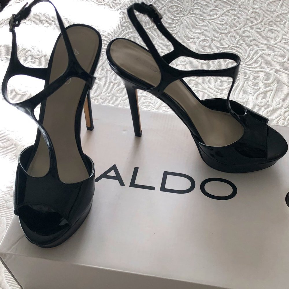 Aldo Black KOHLENBERG-95 Patent High Heel Stilleto Platform Sandals 8